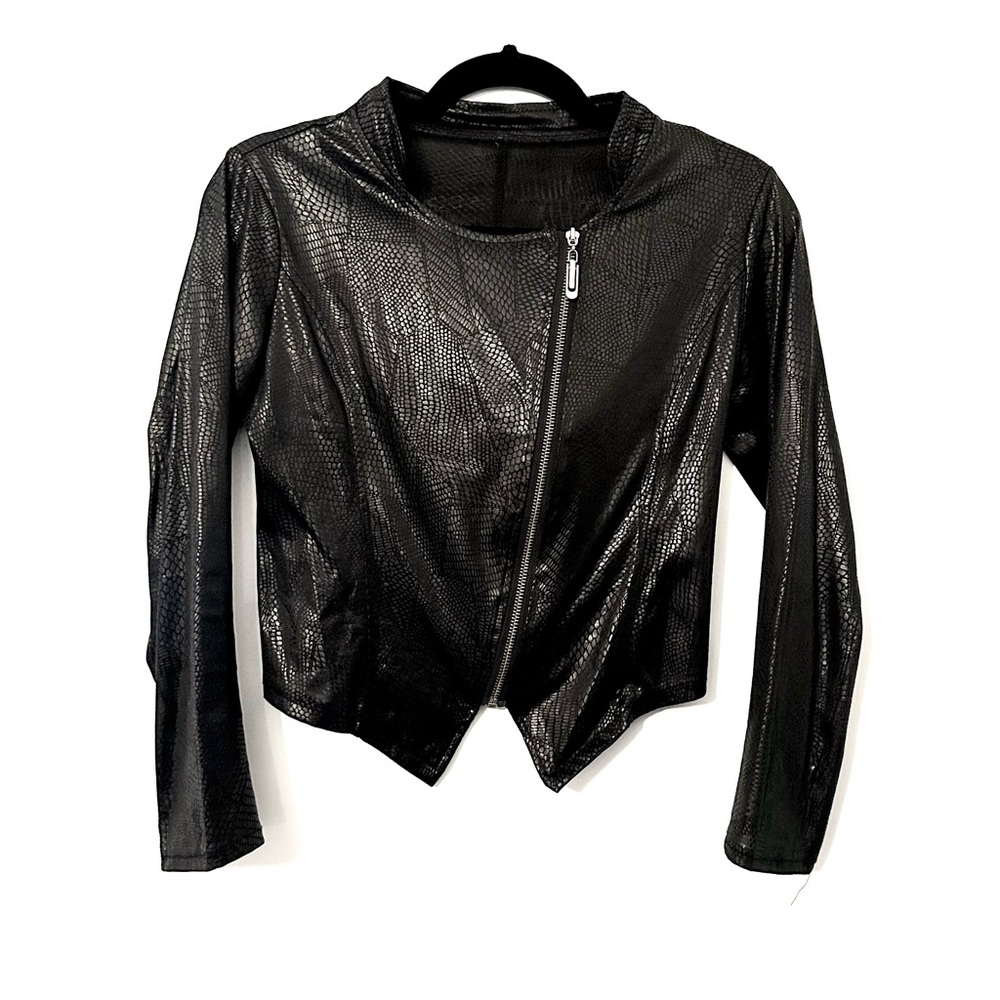 Sheer Black Patterned Faux Leather Cropped Jacket